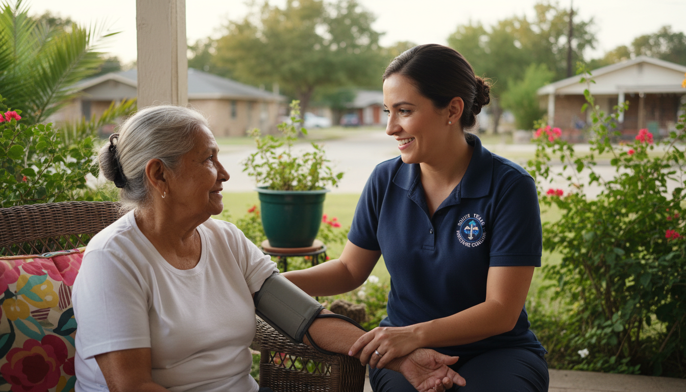 A friendly community health paramedic in a navy blue STEC polo shirt taking the blood pressure of an elderly Hispanic woman sitting on her front porch in a South Texas residential neighborhood, warm natural daylight, genuine caring interaction, lush green subtropical vegetation in the background, documentary-style community healthcare photography