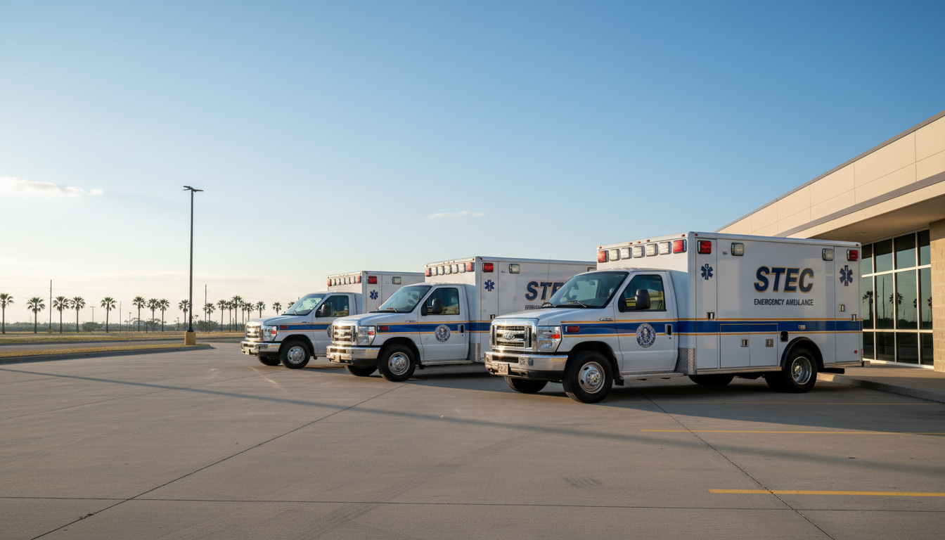 A fleet of three white Type III ambulances with blue and gold STEC livery lined up in a row at the STEC ground transportation station in South Texas, early morning light, clean professional fleet photography, clear blue sky background, palm trees visible in the distance