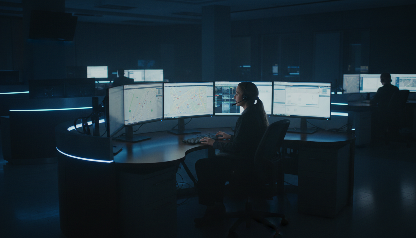 Interior of a modern 911 emergency dispatch center with multiple large curved monitors displaying GIS maps and CAD dispatch software, a professional female telecommunicator wearing a headset sitting at a curved console desk, soft blue ambient LED lighting reflecting off the screens, dark room with technology glow, realistic dispatch center photography