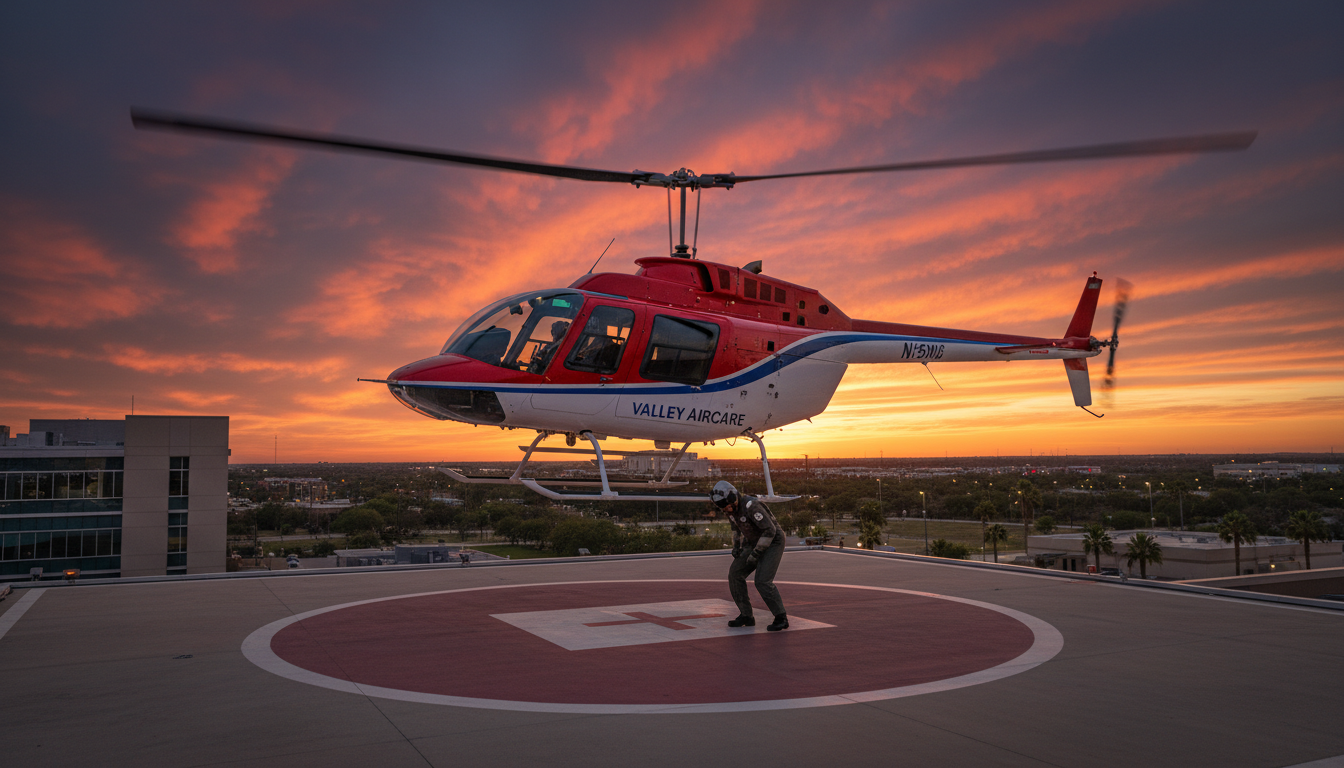 A red and white EMS helicopter (Bell 407 style air ambulance) with Valley AirCare branding, landing on a hospital rooftop helipad at dusk with motion blur on the rotors, a flight paramedic in a flight suit ducking under the blades, dramatic sky with orange and purple clouds over the South Texas Rio Grande Valley landscape